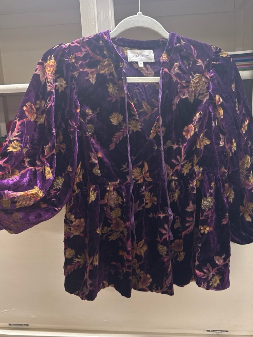 Dear John Purple Velvet Floral Tie-Front Blouse